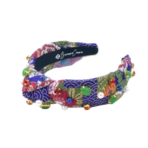 Child Size Blue & Gold Floral Silk Headband with Cabochons & Crystals-Brianna Cannon Best