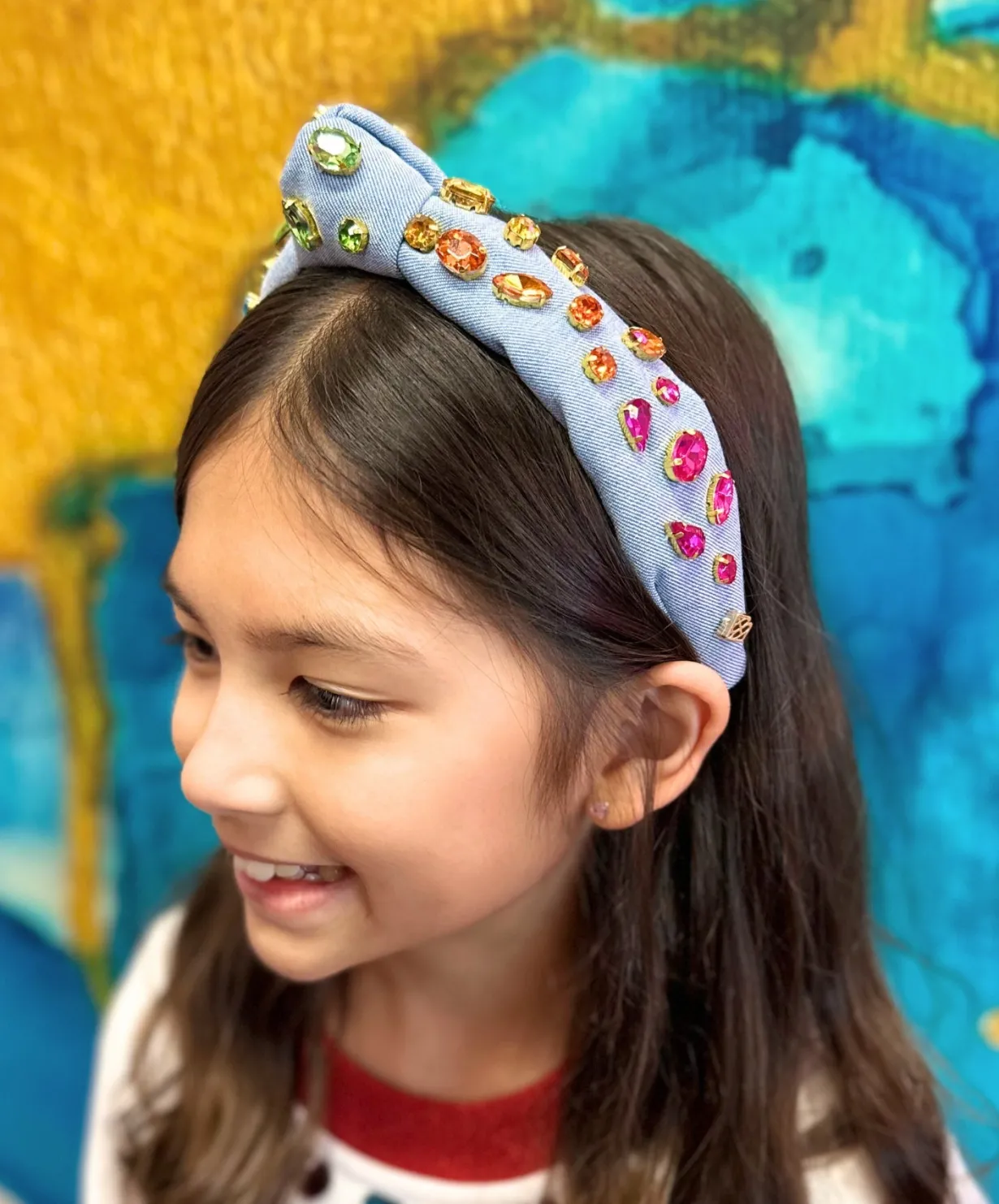 child_size_denim_headband_1.webp Child Size Denim Headband with Rainbow Gradient Hand-Sewn Crystals-Brianna Cannon Discount