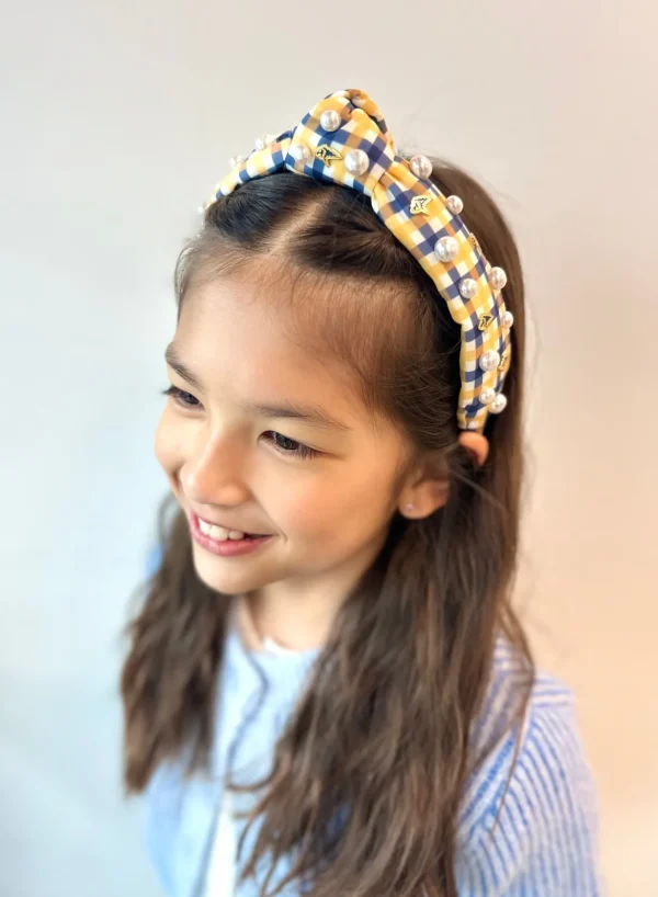 Child Size Gold & Navy Gingham PCA Logo Headband With Pearls-Brianna Cannon Sale
