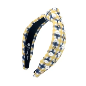 Child Size Gold & Navy Gingham PCA Logo Headband With Pearls-Brianna Cannon Sale