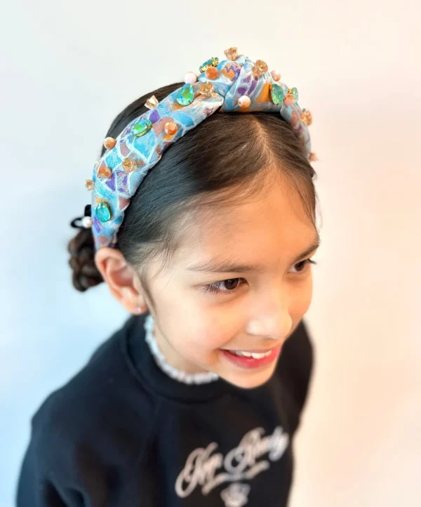 Child Size Mosaic Headband with Blue & Orange Crystals-Brianna Cannon Fashion