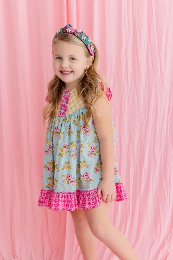 Child Size Pink & Green Spring Brocade Headband with Pearl Flowers & Crystals-Brianna Cannon Discount