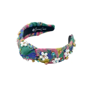 Child Size Pink & Green Spring Brocade Headband with Pearl Flowers & Crystals-Brianna Cannon Discount