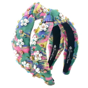 Child Size Pink & Green Spring Brocade Headband with Pearl Flowers & Crystals-Brianna Cannon Discount