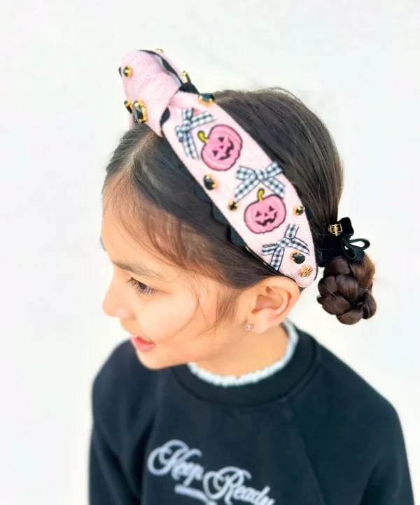 Child Size Pink Cross-Stitch Halloween Headband with Embroidered Pumpkins-Brianna Cannon Discount
