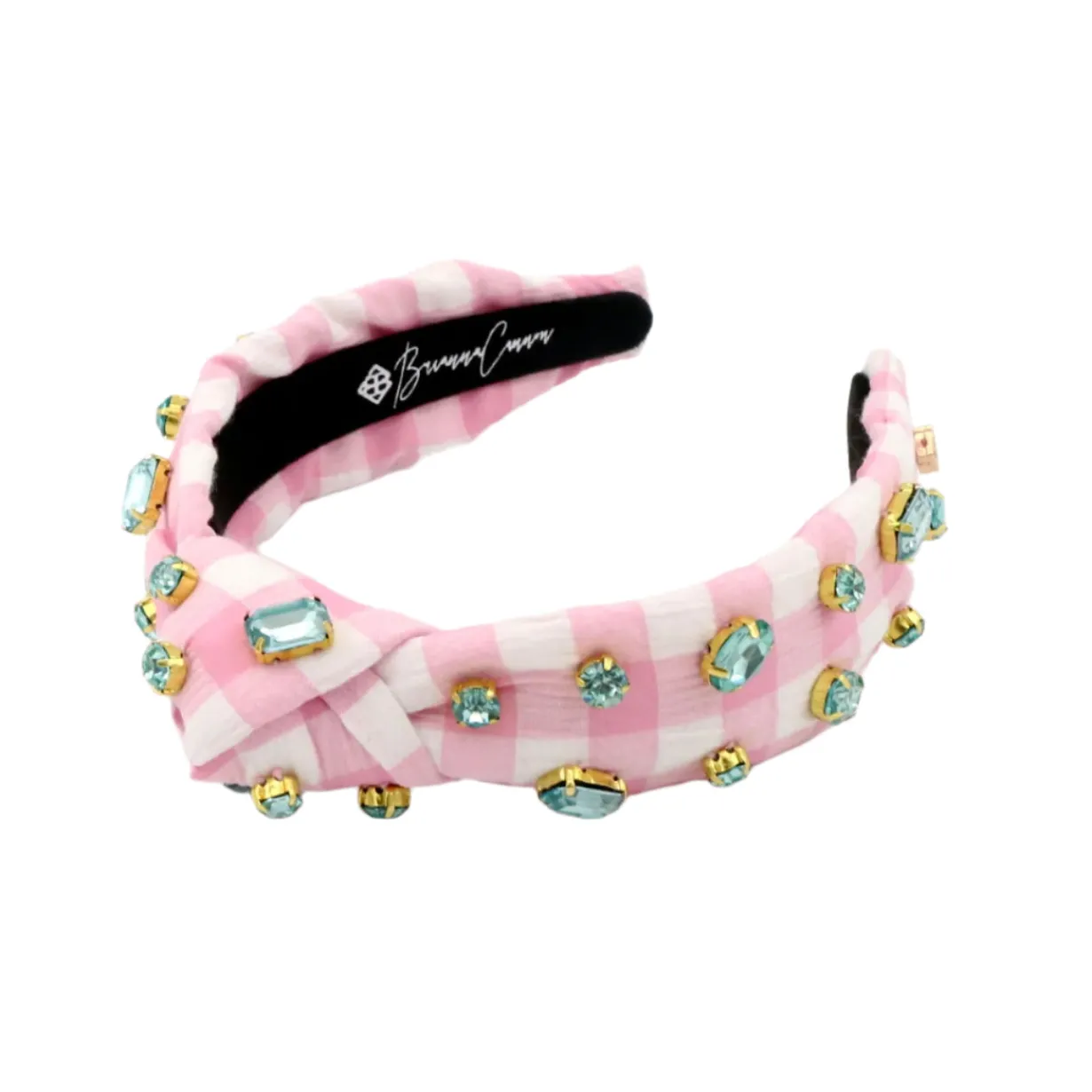 child_size_pink_gingham_h_1.webp Child Size Pink Gingham Headband with Robin Egg Blue Rhinestones-Brianna Cannon New