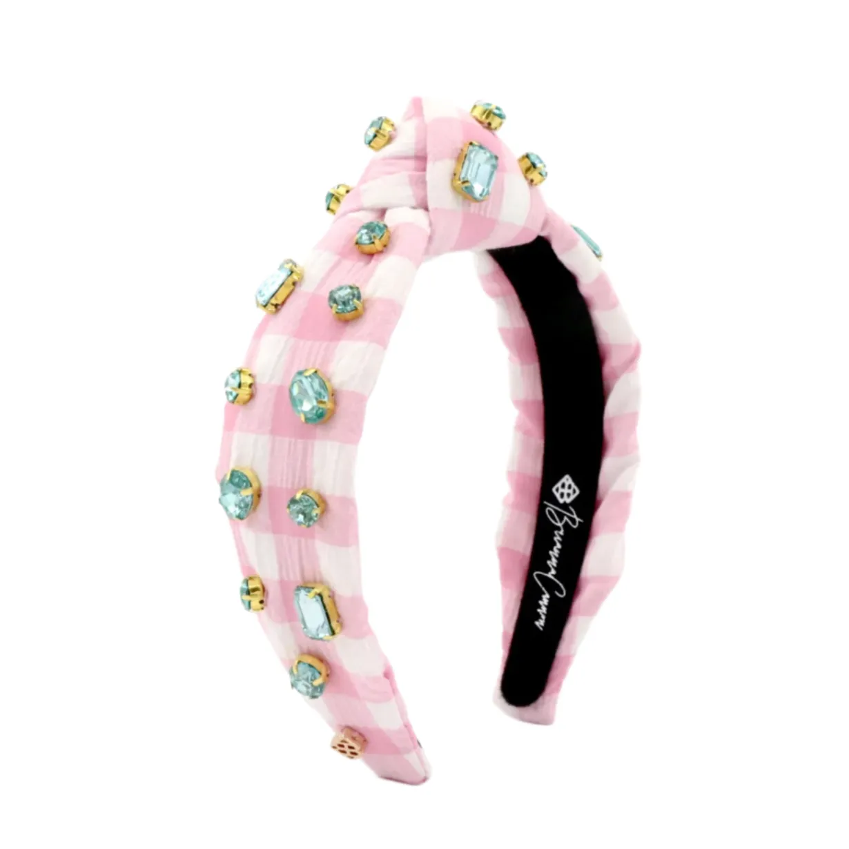 child_size_pink_gingham_h_2.webp Child Size Pink Gingham Headband with Robin Egg Blue Rhinestones-Brianna Cannon New