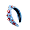 Child Size Powder Blue Crochet Headband With Red Flowers & Pearls-Brianna Cannon Fashion