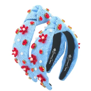 Child Size Powder Blue Crochet Headband With Red Flowers & Pearls-Brianna Cannon Fashion