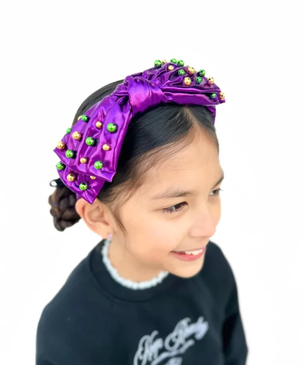 Child Size Purple Mardi Gras Bow Headband with Beads-Brianna Cannon Discount