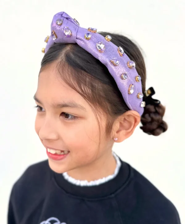 Child Size Shimmer Headband with Hand-Sewn Crystals in Purple-Brianna Cannon Clearance