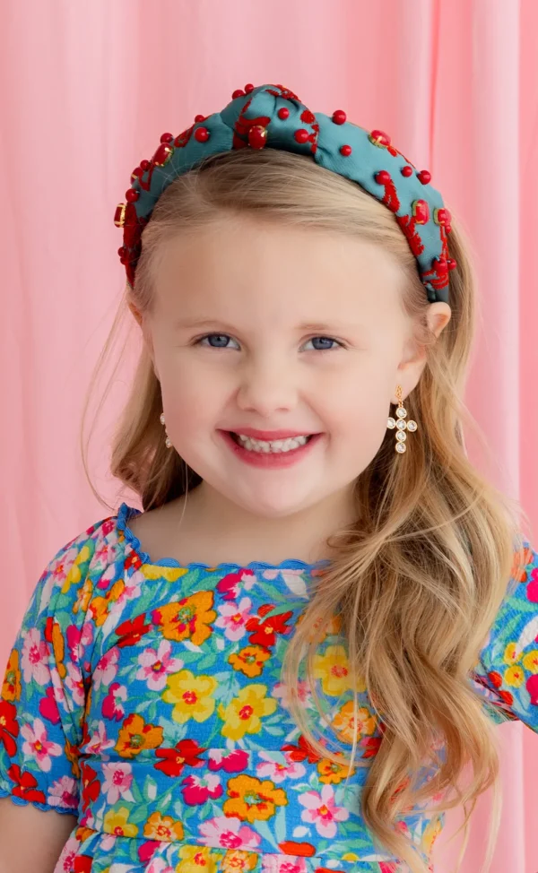 Child Size Teal Headband With Red Floral Embroidery and Stones-Brianna Cannon Fashion