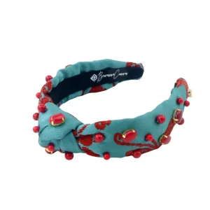 Child Size Teal Headband With Red Floral Embroidery and Stones-Brianna Cannon Fashion