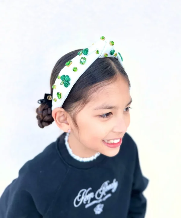 Child Size White Headband with Shamrocks & Crystals-Brianna Cannon Hot