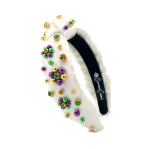 Child Size White Shimmer Mardi Gras Headband with Beads & Crystals-Brianna Cannon Best