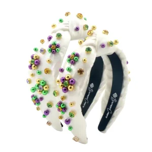 Child Size White Shimmer Mardi Gras Headband with Beads & Crystals-Brianna Cannon Best