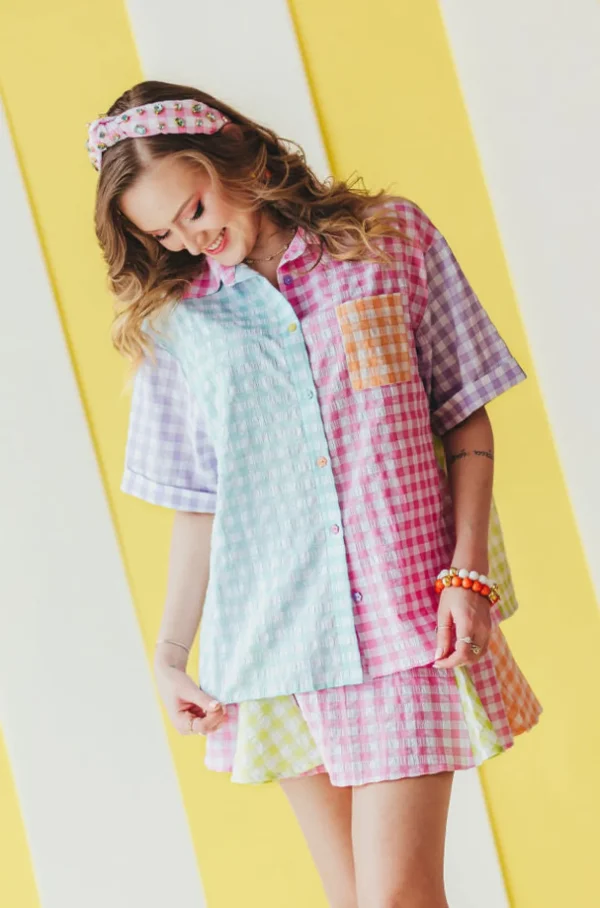Color Block Gingham Button-Down Shirt-Brianna Cannon Outlet