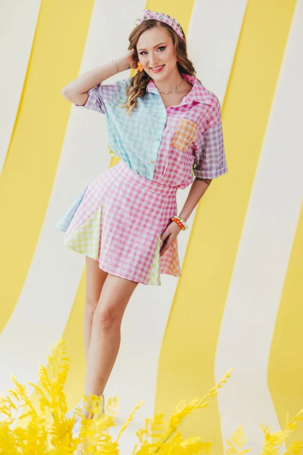 Color Block Gingham Button-Down Shirt-Brianna Cannon Outlet