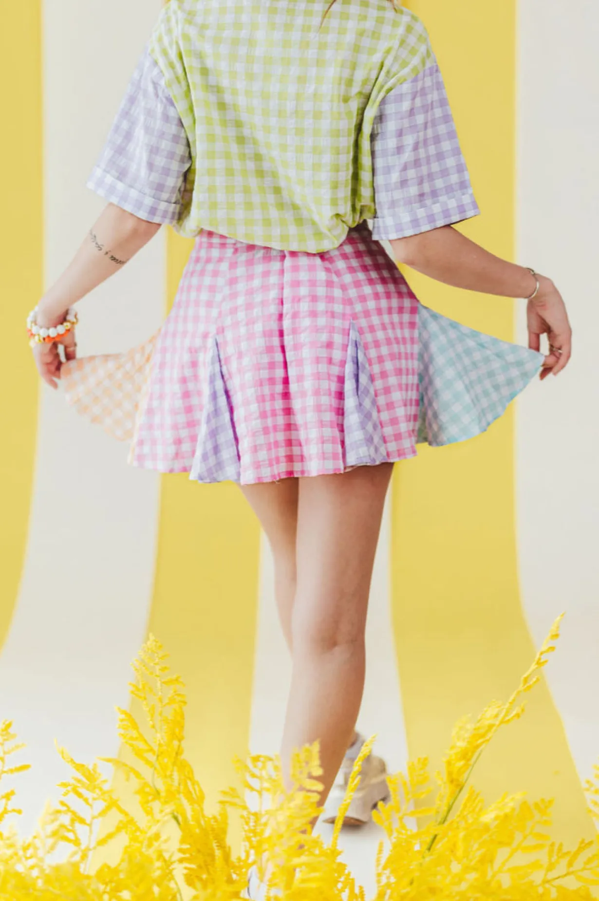 color_block_gingham_pleat_1.webp Color Block Gingham Pleated Skirt-Brianna Cannon New