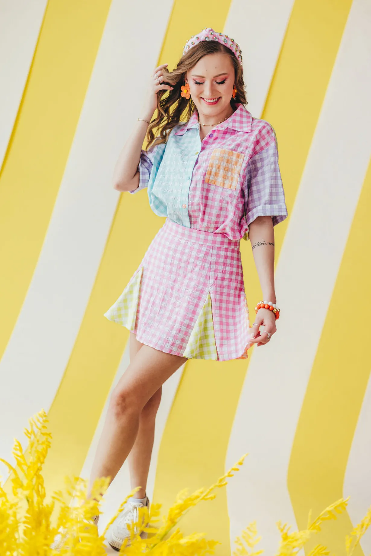 color_block_gingham_pleat_3.webp Color Block Gingham Pleated Skirt-Brianna Cannon New