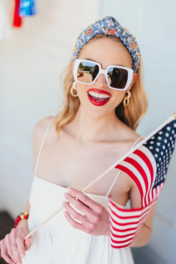 Denim Eyelet Headband with Flags & Stars-Brianna Cannon New