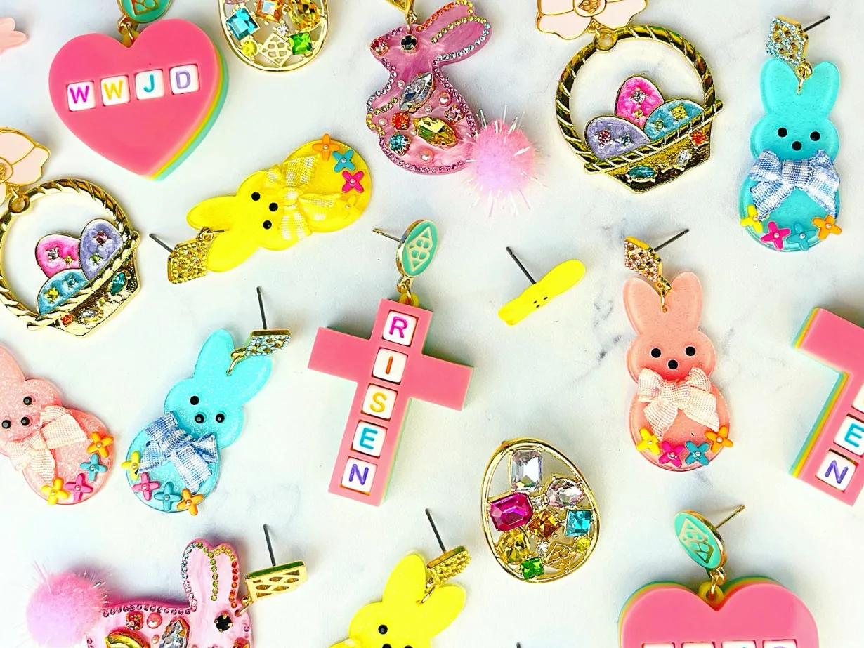 easter___pink_peep_earrin_2.webp Easter 2022 - Pink Peep Earrings with Bow and Flowers-Brianna Cannon Hot
