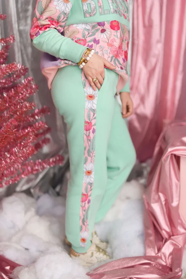 Floral Stripe Fleece-Lined Sweatpants in Mint-Brianna Cannon Outlet