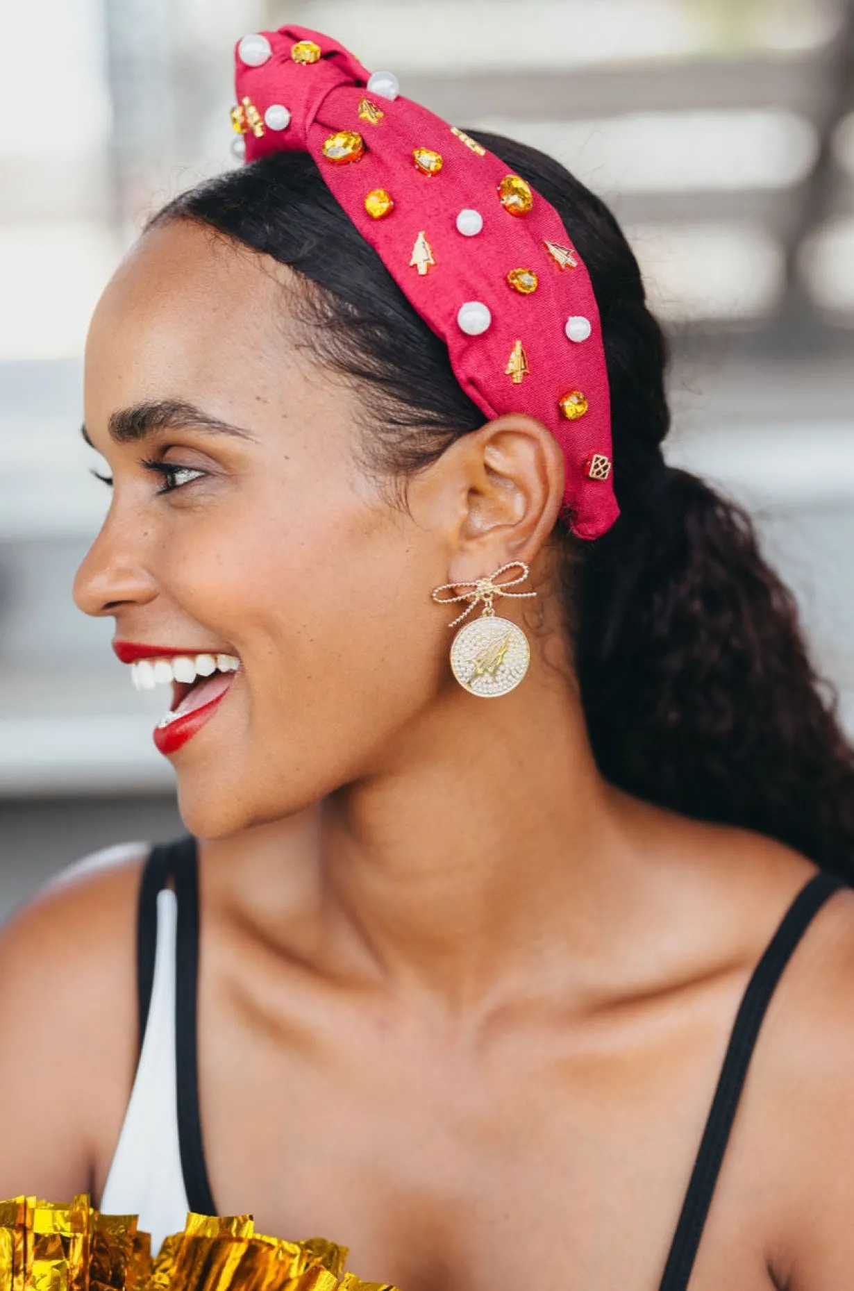 florida_state_pearl_bow_m_1.webp Florida State Pearl Bow Medallion Earrings-Brianna Cannon Clearance