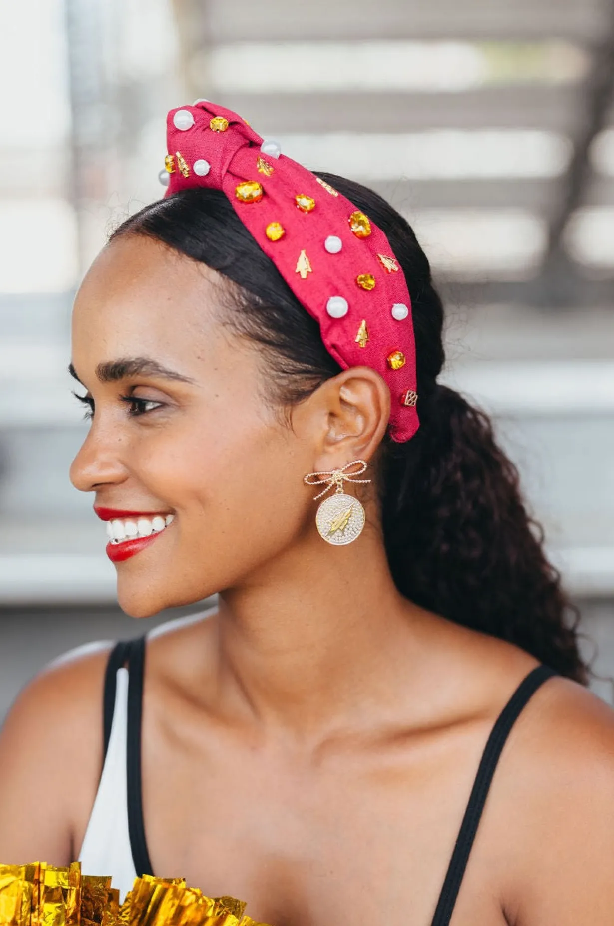 florida_state_pearl_bow_m_3.webp Florida State Pearl Bow Medallion Earrings-Brianna Cannon Clearance