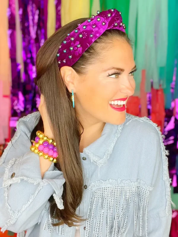 Fuchsia Floral Velvet Headband with Iridescent Beads-Brianna Cannon Outlet