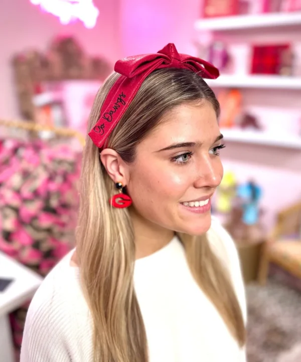 Georgia Red Thin Embroidered Ribbon Bow Headband-Brianna Cannon Clearance