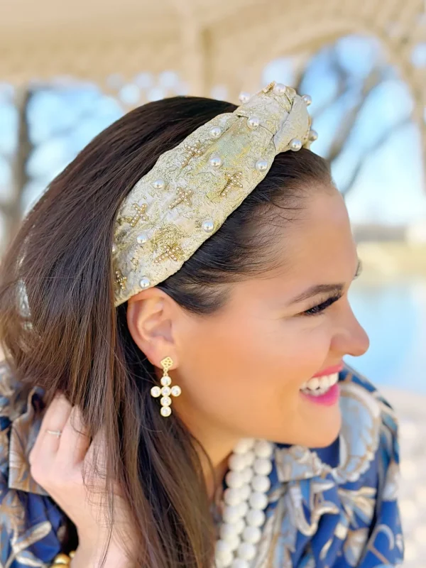 Gold and Ivory Metallic Headband with Pearls and Crosses-Brianna Cannon Hot