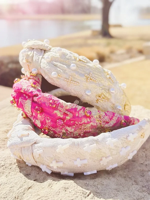 Gold and Ivory Metallic Headband with Pearls and Crosses-Brianna Cannon Hot