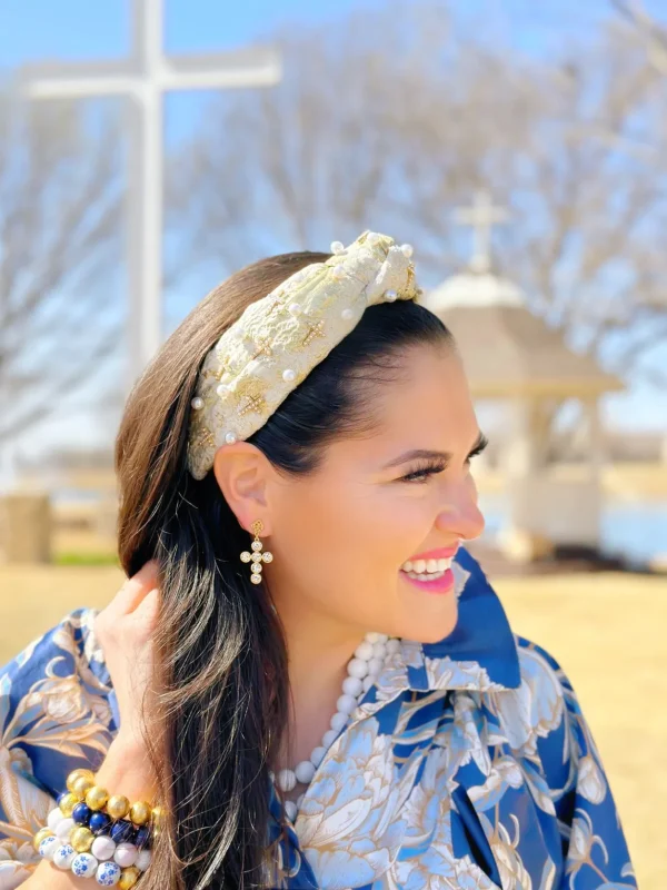 Gold and Ivory Metallic Headband with Pearls and Crosses-Brianna Cannon Hot