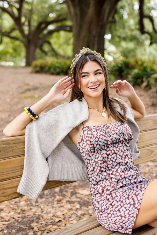 Gold and Navy Shimmer Headband with Gold Crystal Hearts-Brianna Cannon Fashion