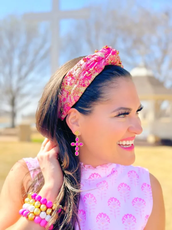 Gold and Pink Metallic Headband with Pink Crystals and Crosses-Brianna Cannon New