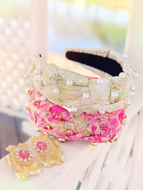 Gold and Pink Metallic Headband with Pink Crystals and Crosses-Brianna Cannon New