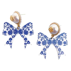 Grandmillennial Collection - Chinoiserie Blue and White Bow Earrings-Brianna Cannon Fashion