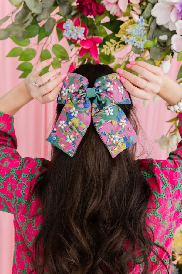 Green & Pink Brocade Bow Barrette with Pearl Flowers & Crystals-Brianna Cannon Clearance