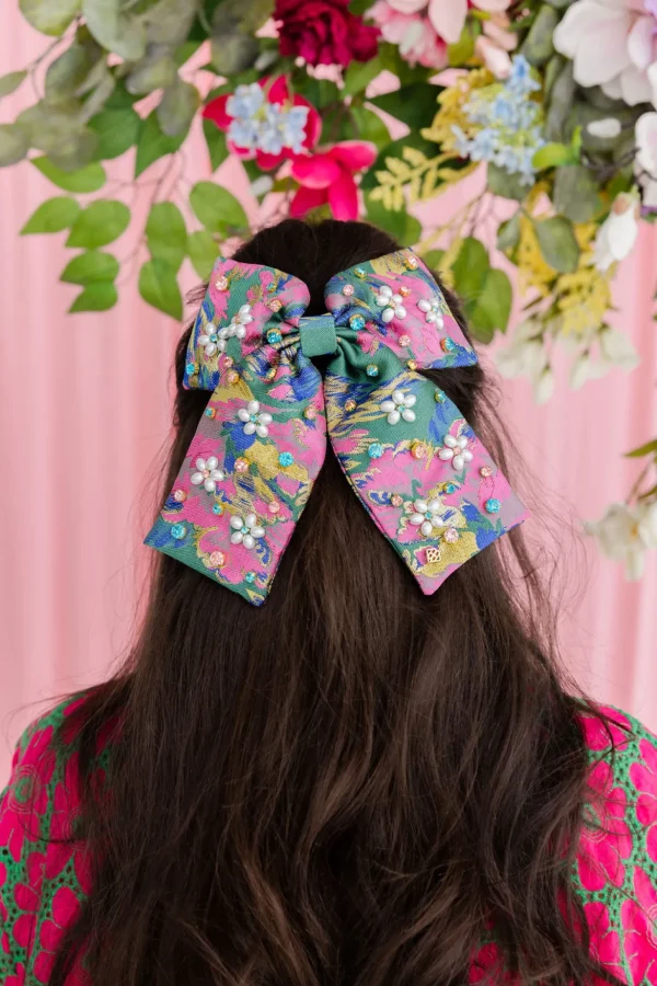 Green & Pink Brocade Bow Barrette with Pearl Flowers & Crystals-Brianna Cannon Clearance