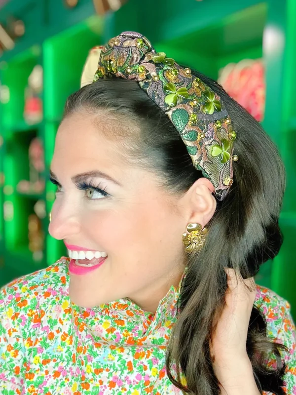 Green Brocade Headband With Shamrocks and Crystals-Brianna Cannon Discount