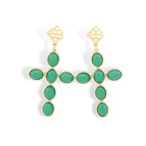 Green Cabochon Cross Earrings-Brianna Cannon Outlet