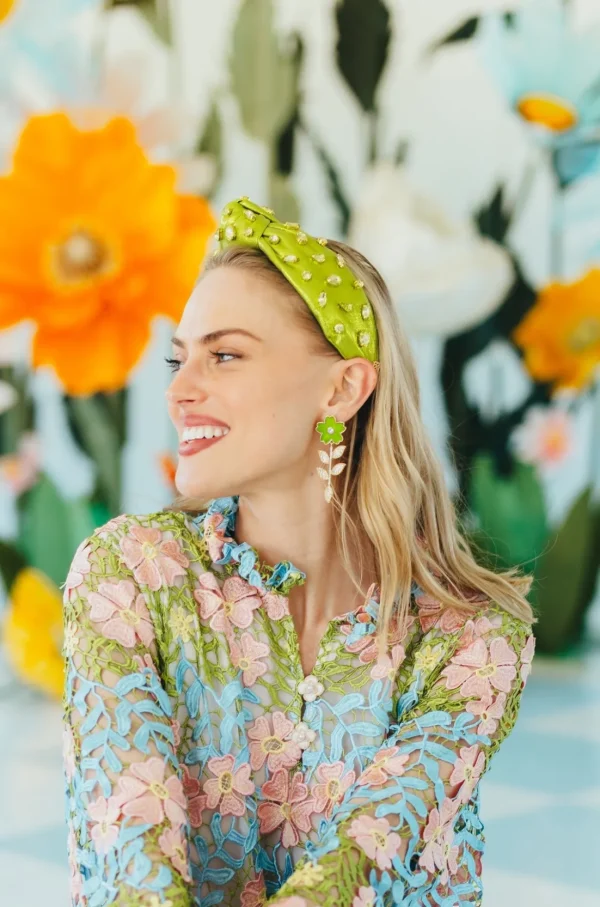 Green Flower Earrings With Crystal Stem-Brianna Cannon New