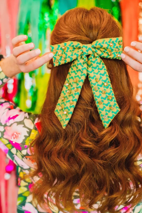 Green Scalloped Bow Barrette With Gold Beads-Brianna Cannon Online