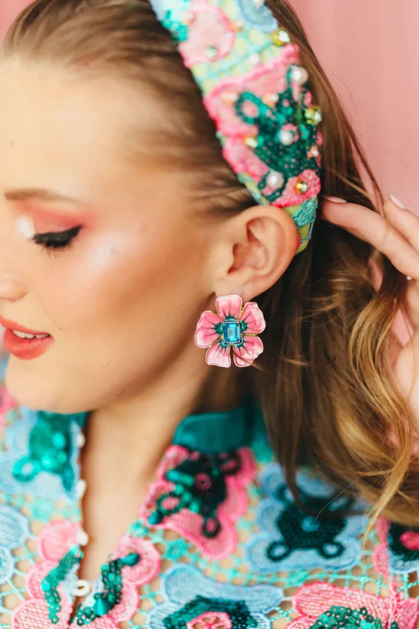 Hand Painted Pink and Blue Hibiscus Earring-Brianna Cannon Discount