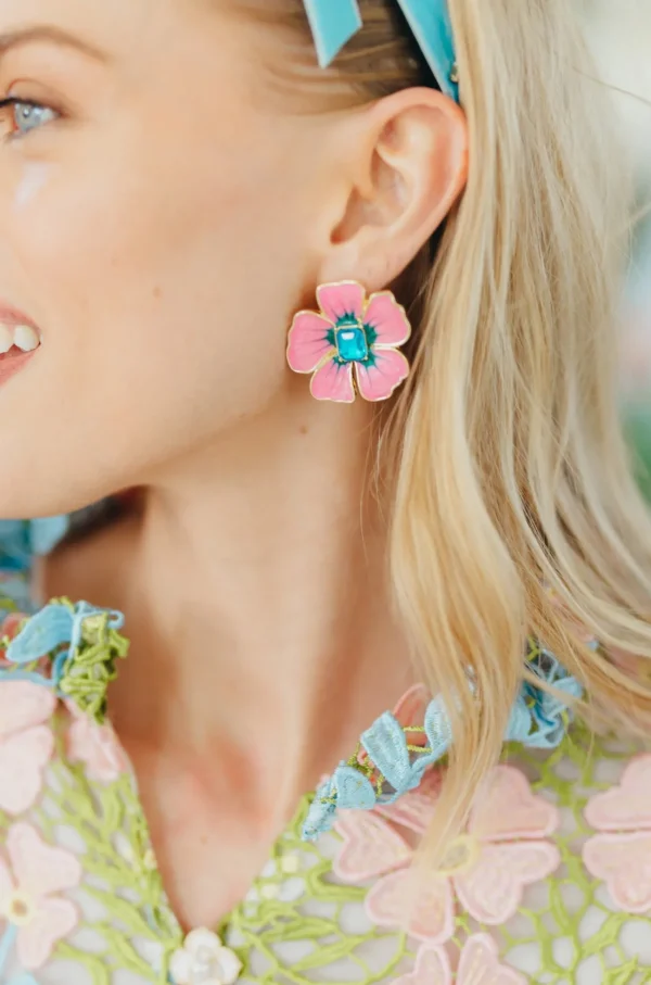Hand Painted Pink and Blue Hibiscus Earring-Brianna Cannon Discount