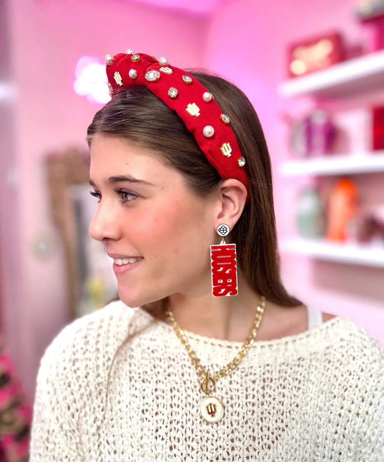indiana_crimson__white_ho_1.webp Indiana Crimson & White HOOSIERS Earrings-Brianna Cannon Clearance