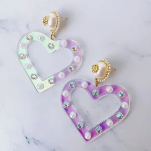 Iridescent Heart Earrings with Pearls and Crystals-Brianna Cannon Outlet