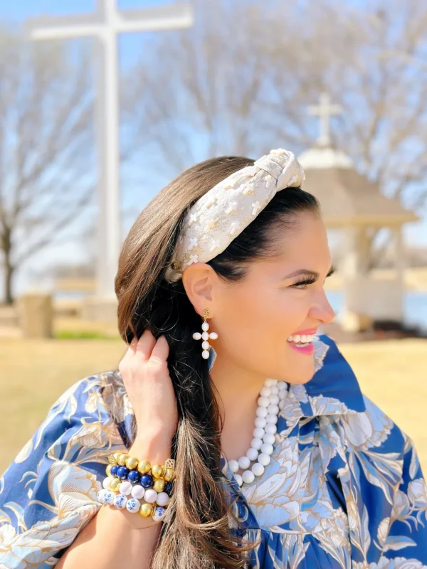Ivory Brocade Headband with Pearl Crosses-Brianna Cannon Best