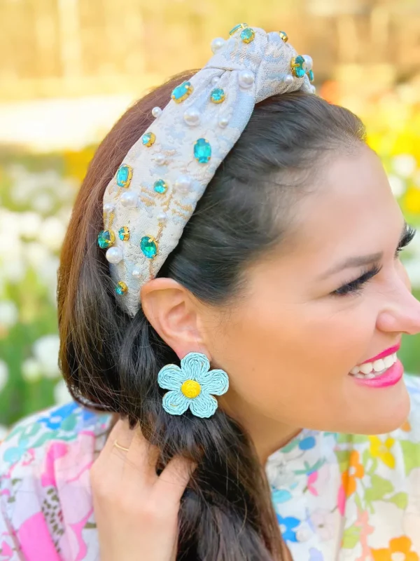 Light Blue Raffia Daisy Earrings-Brianna Cannon Discount